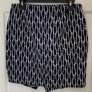 Blue and white patterned skirt with asymmetrical front